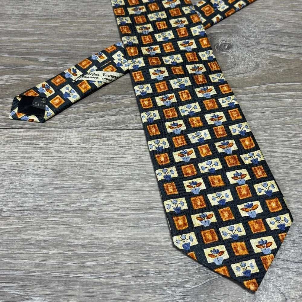 Ermenegildo Zegna Neck Tie Handmade Luxury 100% Silk Floral‎ Retro Mid-Century
